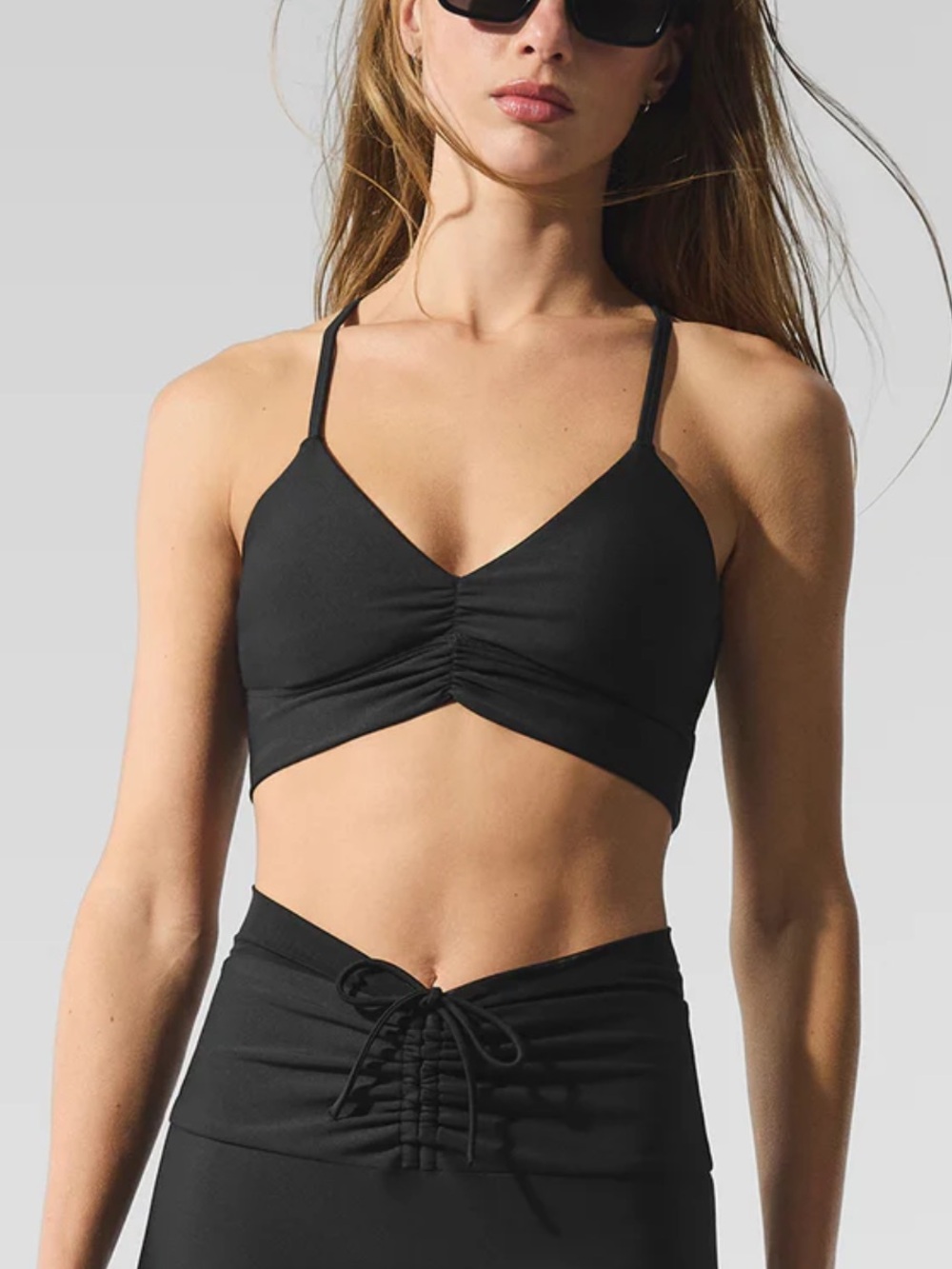 NEW - ALO Yoga Airlift Divine Bra, Black Ruched Thin-Strap Bralette, Size Medium